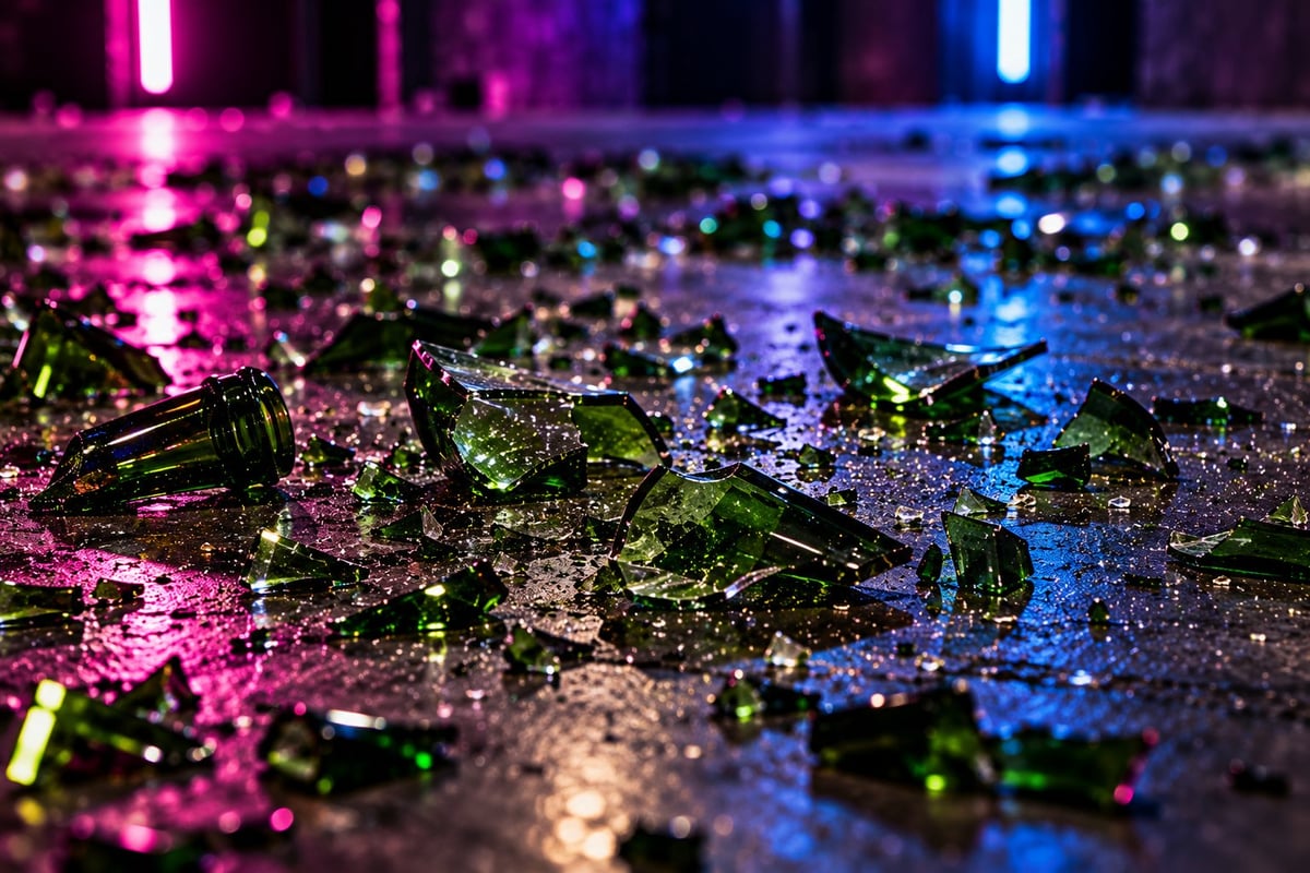Scattered glass shards on wet pavement illuminated by neon pink and blue lights